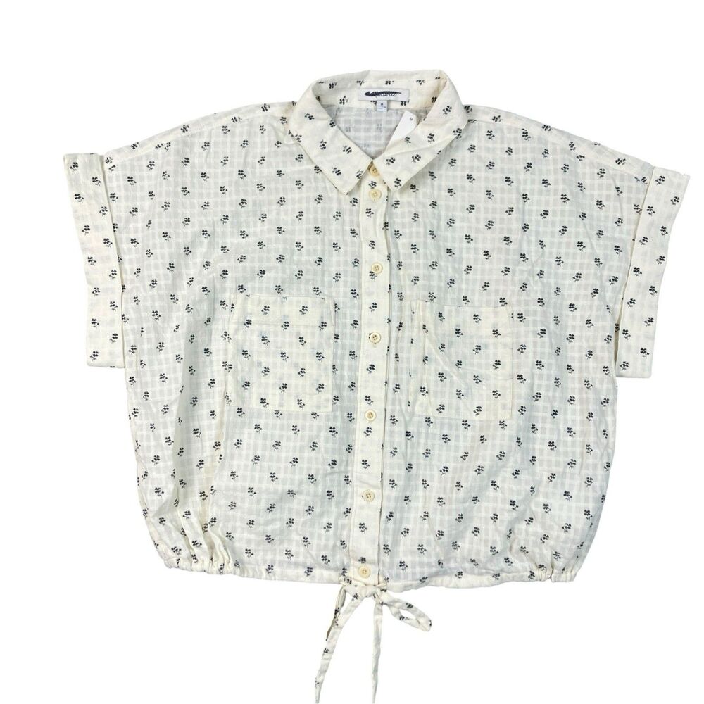 Madewell Drawstring Button Up Shirt Womens M Ivory Black Floral Cropped NJ591